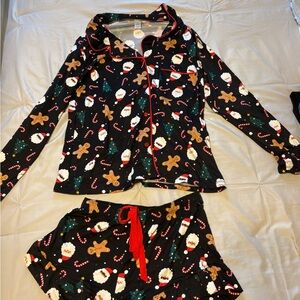 Festive Black Kids Pajamas with Santa and Gingerbread Print